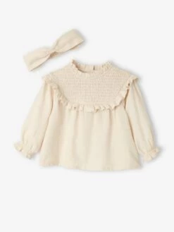Blouse à Smocks Bébé Et Son Bandeau Assorti Vert Grisé - Vertbaudet