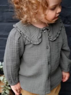 Blouse En Gaze De Coton Bébé Col Fantaisie Kaki - Vertbaudet