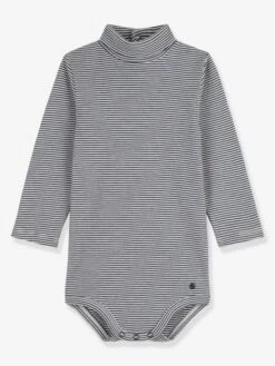 Body Manches Longues Col Roulé Rayé En Coton Bio PETIT BATEAU Gris - Petit Bateau