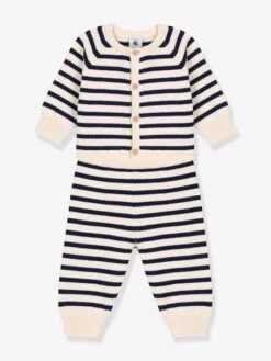 Ensemble 2 Pièces Bébé En Tricot Rayé Laine Et Coton PETIT BATEAU Blanc Imprimé - Petit Bateau
