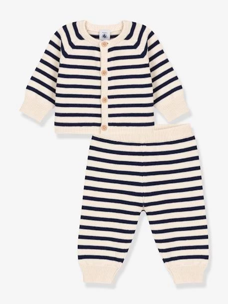 Ensemble 2 Pièces Bébé En Tricot Rayé Laine Et Coton PETIT BATEAU Blanc Imprimé - Petit Bateau – Image 4