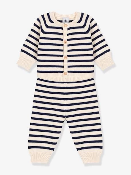 Ensemble 2 Pièces Bébé En Tricot Rayé Laine Et Coton PETIT BATEAU Blanc Imprimé - Petit Bateau