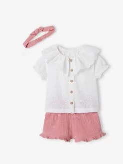 Ensemble 3 Pièces Bébé Blouse Brodée, Short En Gaze De Coton Et Son Bandeau Assorti Rose - Vertbaudet