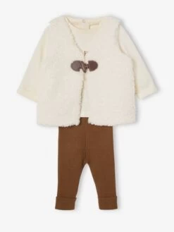 Ensemble 3 Pièces Bébé : Gilet En Fausse Fourrure, T-shirt Et Legging Beige - Vertbaudet