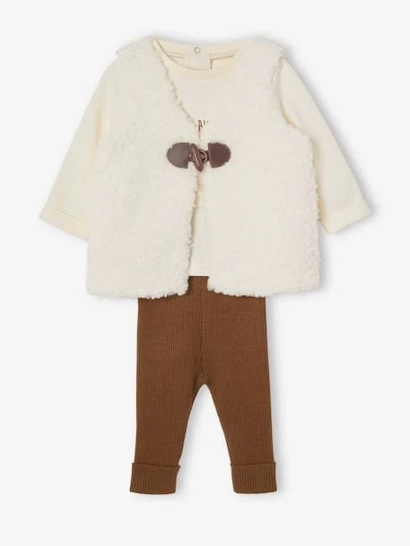 Ensemble 3 Pièces Bébé : Gilet En Fausse Fourrure, T-shirt Et Legging Beige - Vertbaudet