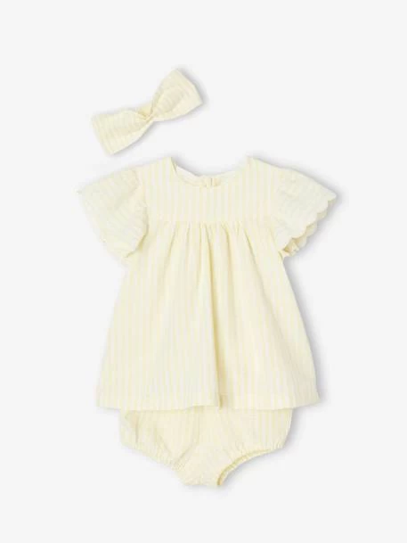 Ensemble 3 Pièces Bébé : Robe + Bloomer + Bandeau Jaune Pastel - Vertbaudet