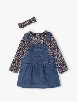 Ensemble 3 Pièces Bébé : Robe-salopette En Denim, T-shirt Et Bandeau Bleu Nuit - Vertbaudet