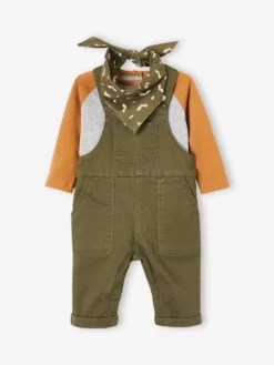 Ensemble 3 Pièces Bébé Salopette, T-shirt Et Bandana Kaki - Vertbaudet