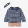 Ensemble 3 Pièces Bébé Short En Velours, T-shirt Et Bandeau Bleu Foncé Rayé - Vertbaudet