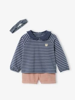 Ensemble 3 Pièces Bébé Short En Velours, T-shirt Et Bandeau Bleu Foncé Rayé - Vertbaudet
