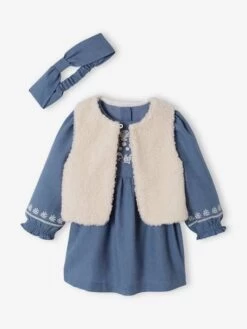 Ensemble 3 Pièces Robe + Gilet + Bandeau Bébé Fille Bleu Grisé - Vertbaudet