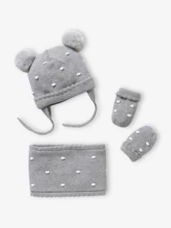 Ensemble à Pois Bonnet + Snood + Moufles Bébé Fille Gris Chiné Foncé - Vertbaudet