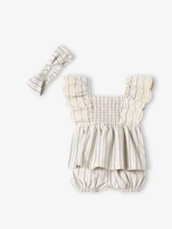 Ensemble Bébé Blouse, Short Et Bandeau Beige Clair Rayé - Vertbaudet