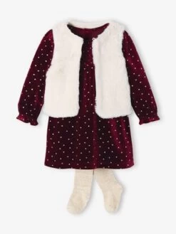 Ensemble Bébé : Robe En Velours + Gilet En Fausse Fourrure + Collants Bordeaux - Vertbaudet