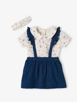 Ensemble Blouse, Jupe à Bretelles Et Bandeau Bébé Blanc Imprimé - Vertbaudet