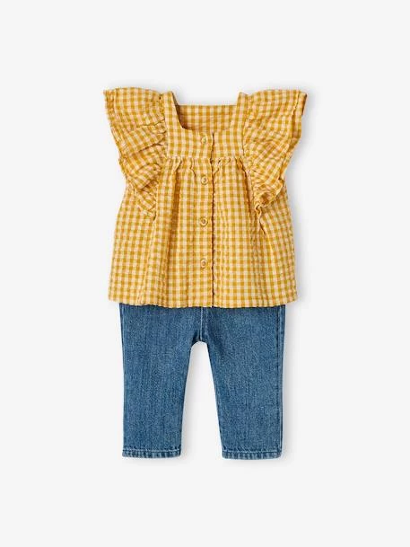 Ensemble Blouse Vichy En Seersucker Et Jean Large Bébé Carreaux Ocre - Vertbaudet – Image 3