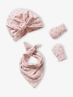 Ensemble Bonnet + Moufles + Foulard + Sac Bébé Fille En Maille Imprimée Personnalisable Bois De Rose - Vertbaudet