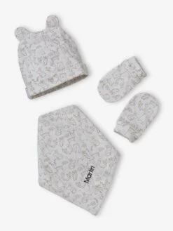 Ensemble Bonnet + Moufles + Foulard + Sac Bébé Imprimé Personnalisable Taupe - Vertbaudet