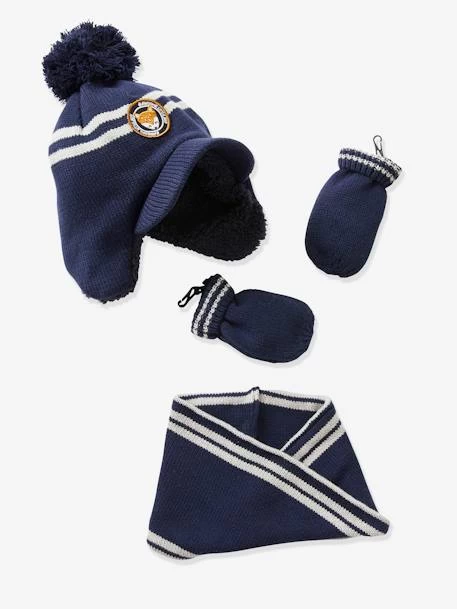 Ensemble Bonnet + Snood + Moufles Bébé Fille Bleu Ardoise Foncé Rayé - Vertbaudet