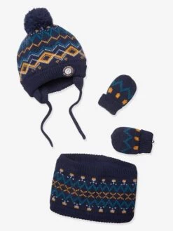 Ensemble Bonnet + Snood + Moufles Bébé Garçon Marine Imprimé - Vertbaudet