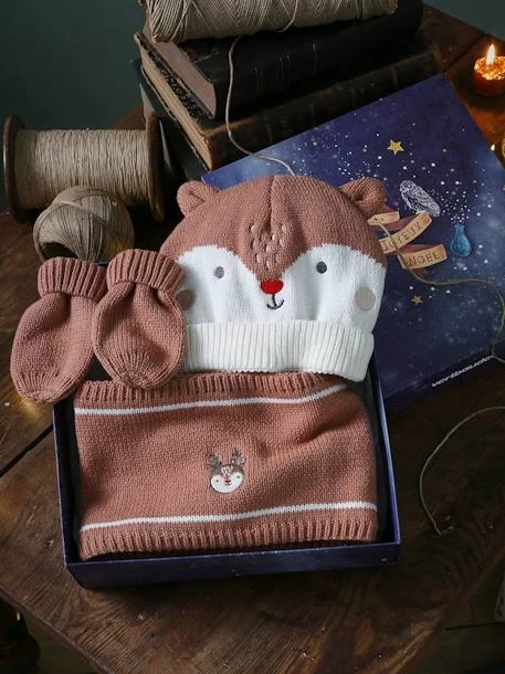 Ensemble Bonnet + Snood + Moufles Renne De Noël Bébé Cannelle - Vertbaudet
