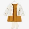 Ensemble Cardigan Brodé + Robe En Molleton + Collant Bébé Caramel Imprimé - Vertbaudet