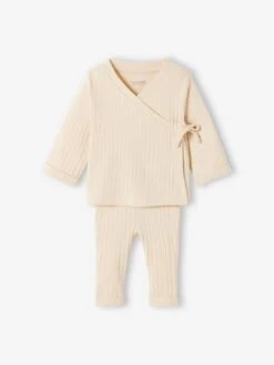 Ensemble En Maille Côtelée T-shirt Et Pantalon Bébé Sable - Vertbaudet