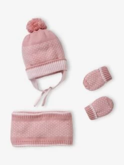 Ensemble En Maille Jacquard Bonnet + Snood + Moufles Bébé Fille Rose - Vertbaudet