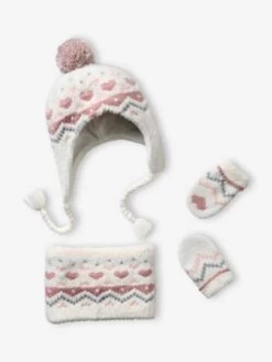 Ensemble En Maille Jacquard Bonnet + Snood + Moufles Bébé Fille écru - Vertbaudet