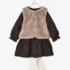 Ensemble Robe + Gilet Sans Manches En Fausse Fourrure + Collant Bébé Noir Imprimé - Vertbaudet