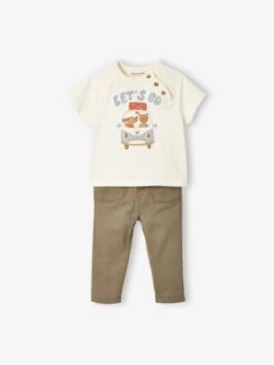 Ensemble Tee-shirt Manches Courtes + Pantalon Bébé écru - Vertbaudet
