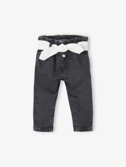 Jean Bébé Avec Ceinture En Broderie Anglaise Denim Gris - Vertbaudet
