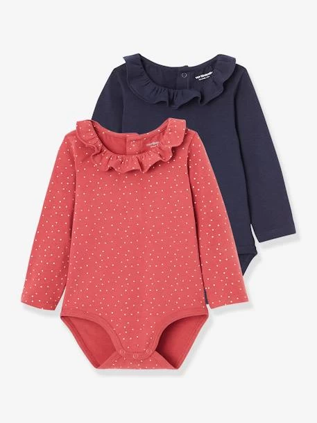 Lot De 2 Bodies Bébé Col Fantaisie Manches Longues Rose Imprimé - Marine - Vertbaudet