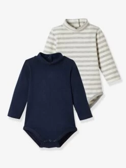 Lot De 2 Bodies Bébé Col Montant Manches Longues Lot Navy - Vertbaudet