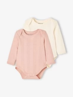 Lot De 2 Bodies Manches Longues Bébé En Maille Pointelle Lot Rose Blush - Vertbaudet