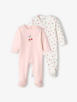 Lot De 2 Dors-bien "cerise" Bébé Fille Interlock Rose Pâle - Vertbaudet