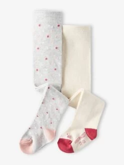 Lot De 2 Paires De Collants Bébé En Maille Pois/chat Lot Ivoire - Vertbaudet