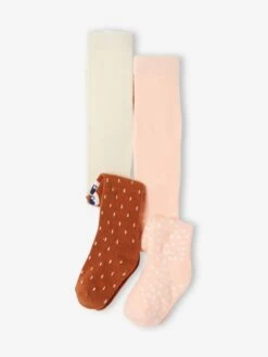 Lot De 2 Paires De Collants Bébé En Maille Pois/ours Lot Rose Saumon Clair - Vertbaudet