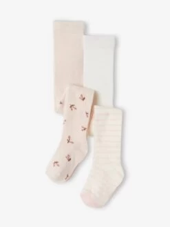Lot De 2 Paires De Collants Bébé En Maille Rayures/fleurs Lot Rose Clair - Vertbaudet