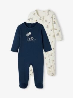 Lot De 2 Pyjamas Bébé En Molleton Ouverture Zippée Lot Bleu Jean - Vertbaudet