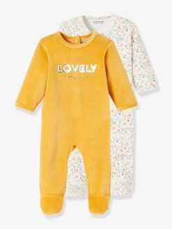 Lot De 2 Pyjamas Bébé Ouverture Dos En Velours « Lovely » Lot Ivoire - Vertbaudet