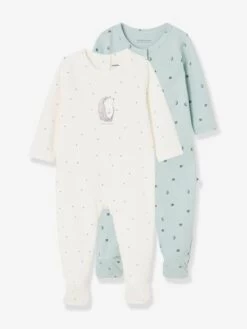 Lot De 2 Pyjamas Bébé Ouverture Naissance En Cotob Bio "lovely Nature" Lot Vert D'eau - Vertbaudet