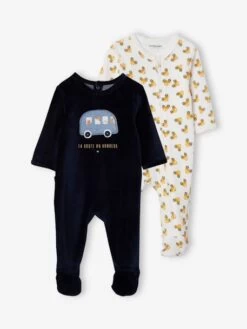 Lot De 2 Pyjamas "en Voiture" En Velours Bébé Garçon Ouverture Zippée Lot Encre - Vertbaudet