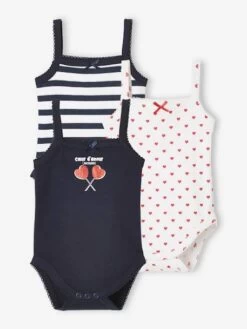 Lot De 3 Bodies Bébé Fines Bretelles Coeurs Lot Encre - Vertbaudet