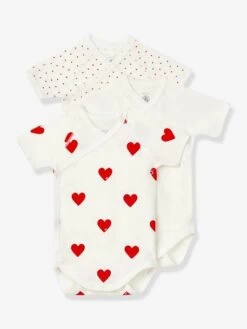 Lot De 3 Bodies Croisés Manches Courtes Coeurs Bébé Naissance En Coton Bio PETIT BATEAU Blanc - Petit Bateau