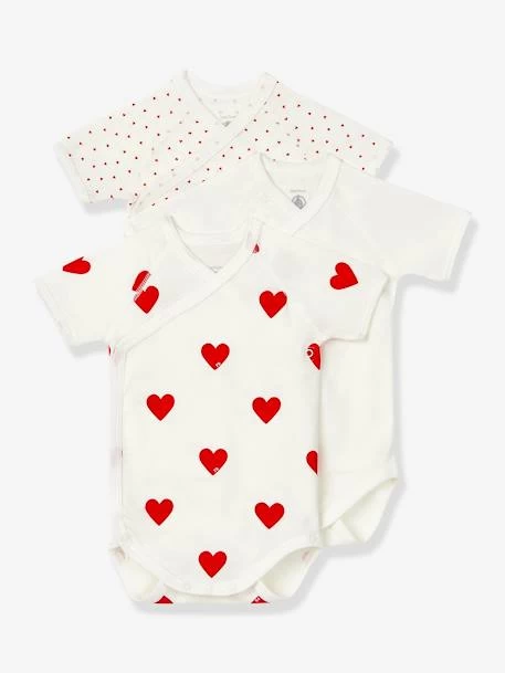 Lot De 3 Bodies Croisés Manches Courtes Coeurs Bébé Naissance En Coton Bio PETIT BATEAU Blanc - Petit Bateau