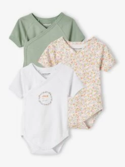 Lot De 3 Bodies Fleurs Manches Courtes Bébé Ouverture Naissance Lot Tilleul - Vertbaudet