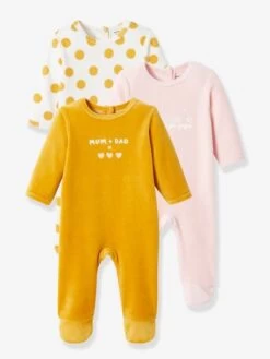 Lot De 3 Pyjamas "dors-bien" En Velours Bébé Ouverture Dos BASICS Lot Noir - Vertbaudet