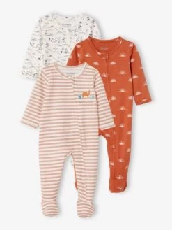 Lot De 3 Pyjamas En Coton Bébé Ouverture Zippée Lot Ivoire - Vertbaudet