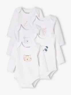 Lot De 5 Bodies « animaux » Bébé Naissance Ouverture US Manches Longues BASICS Lot Ivoire - Vertbaudet